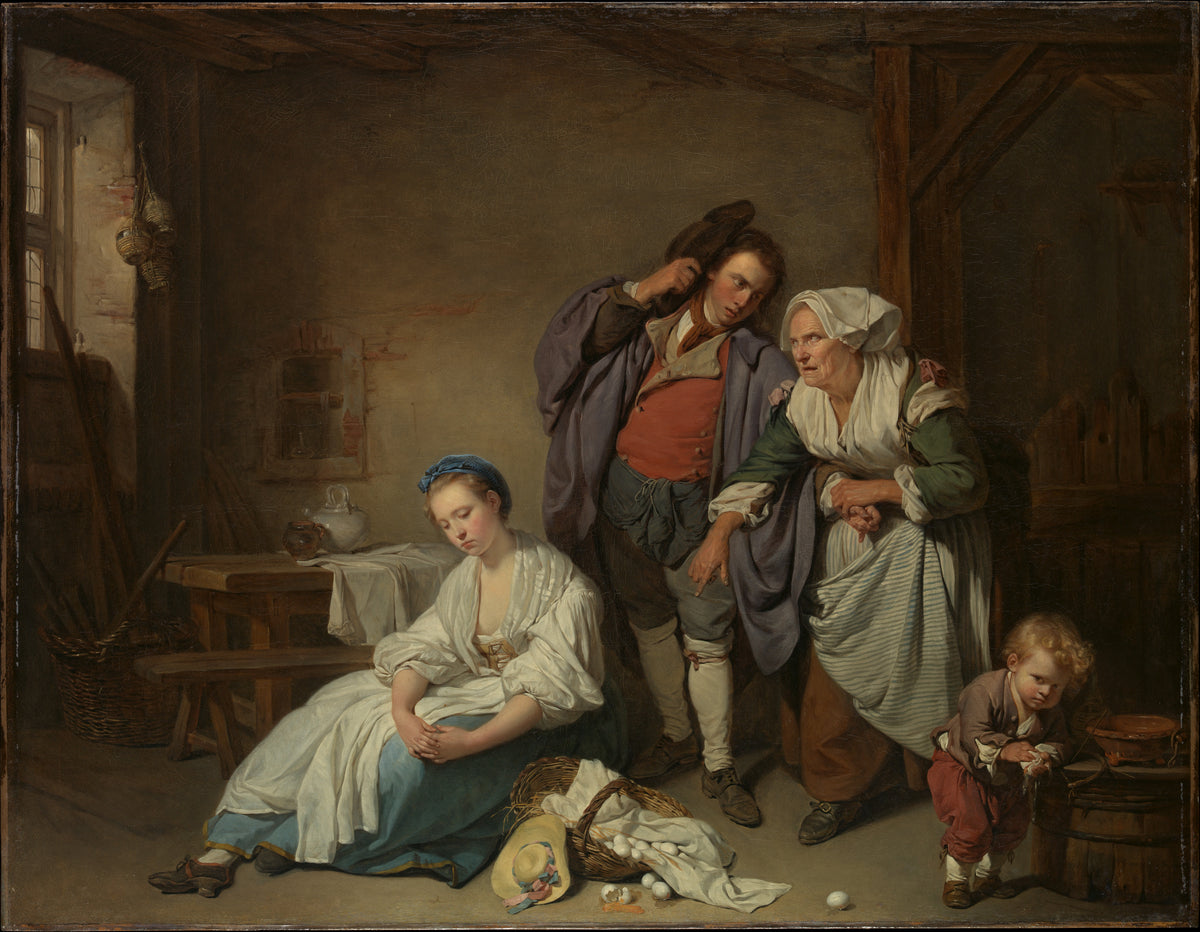 Jean-Baptiste Greuze’ün Kırık Yumurtalar (1756) eserinin tamamı: yerde oturan genç kadın, yaşlı kadın, genç adam ve kırık yumurtayı tutan çocuk.
