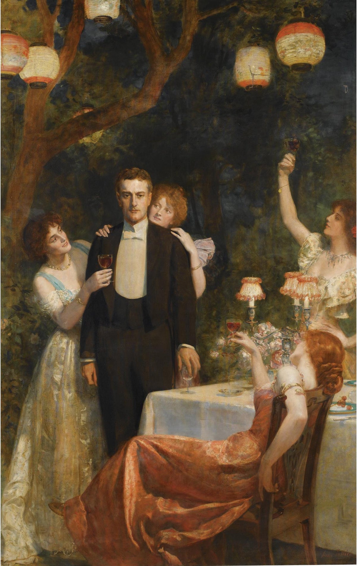 John Collier’ın Armida’nın Bahçesi eseri: fenerlerle aydınlanan bahçede bir erkek ve dört kadın; tam dikey kompozisyon.