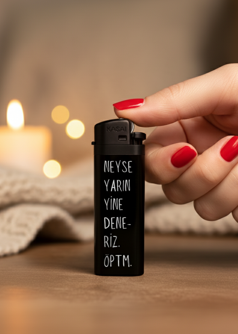 Motivasyon temalı “Yarın yine deneriz, öptüm” yazılı tasarım çakmak – değişik çakmak çeşitleri
