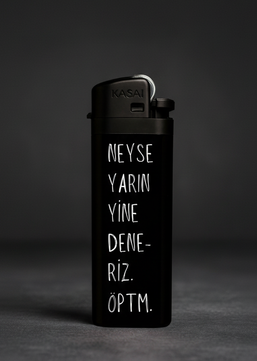 “Yarın yine deneriz, öptüm” yazılı baskılı tasarım çakmak – hediyelik çakmak modeli
